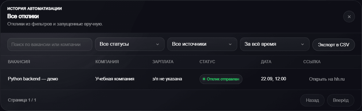 История откликов с одной учебной вакансией и статусом Отклик отправлен